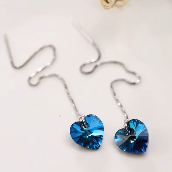 925 Sterling Silver Blue Crystal Heart Necklace & Earring Set Elegant Wedding - Picture 2 of 5